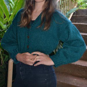 Women's Teal Handmade Alpaca Blend Cropped Cardigan, size M